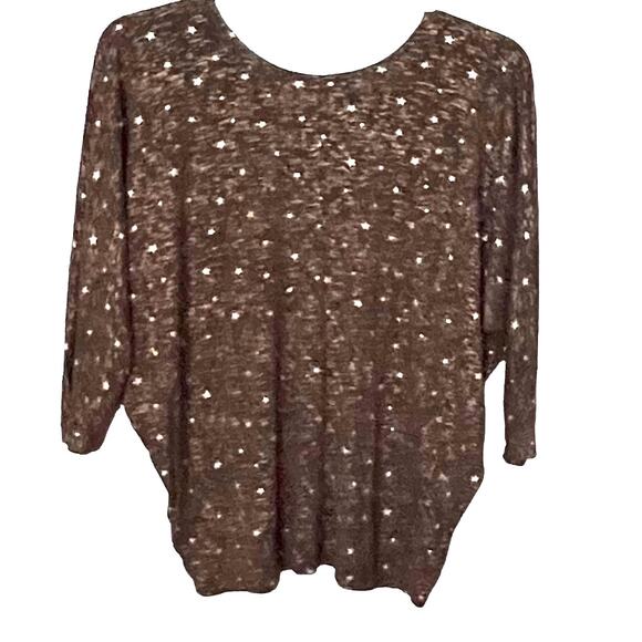 KIM & CAMI LONG RAGLAN SLV ROUND NECK TOP, WOMENS, XL, BROWN WITH GOLDTONE STARS - Picture 4 of 11
